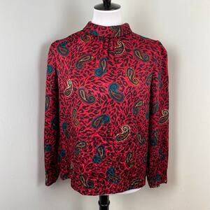 Vintage Anne Crimmins Silk Red Paisley High Neck Long Sleeve Blouse Size 8